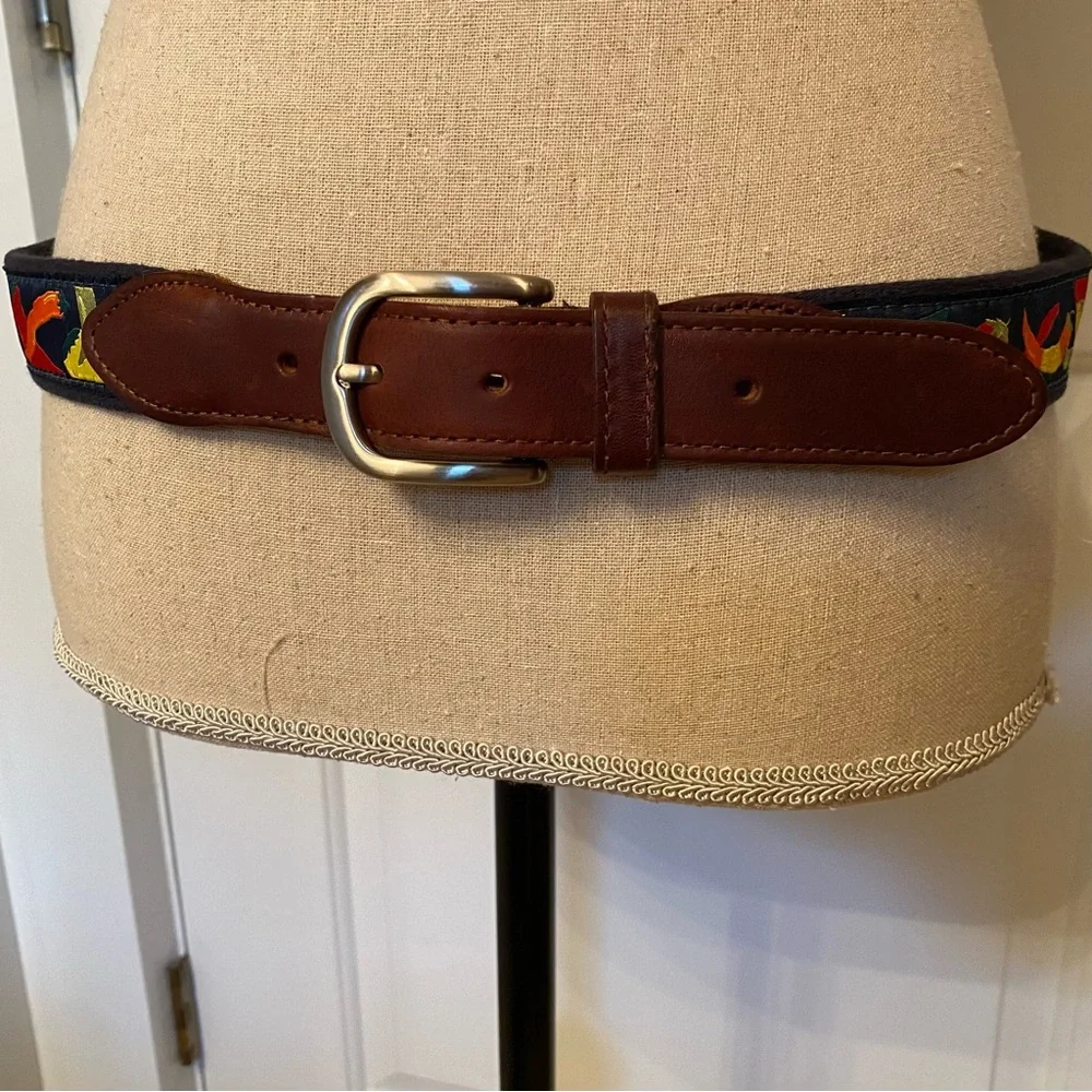 THE BELTED COW BELT BLUE CANVAS RED CHILI PEPPER BROWN LEATHER SIZE 34 USA